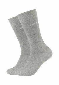 Calzini di cotone grigi con polsini a costine e tallone rinforzato. Presentano un dettaglio con logo vicino alla parte superiore. Texture morbida e design di lunghezza standard a crew.