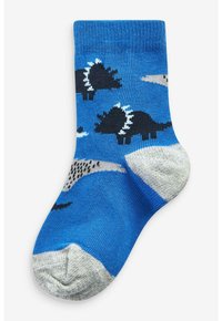 Calcetines de algodón azul con patrones de dinosaurios negros y acentos blancos. La zona de los dedos es gris y la tela tiene una textura suave y elástica.