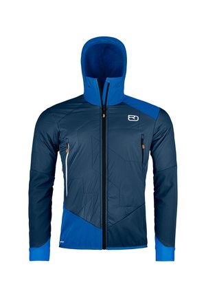 Men's hooded jacket in dark navy and bright blue, featuring a zip closure, two side pockets, and geometric pattern detailing.