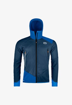 Herren Kapuzenjacke in dunklem Marineblau und leuchtendem Blau, mit Reißverschluss, zwei Seitentaschen und geometrischen Musterdetails.