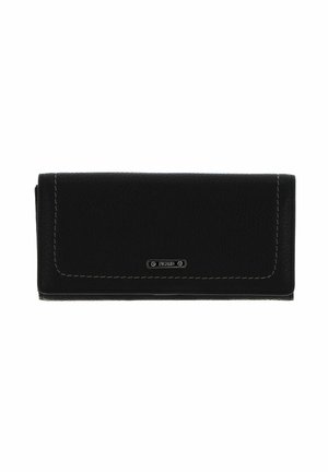 Portefeuille en cuir noir à finition texturée, coutures contrastantes et plaque logo. Forme rectangulaire avec rabat à fermeture.