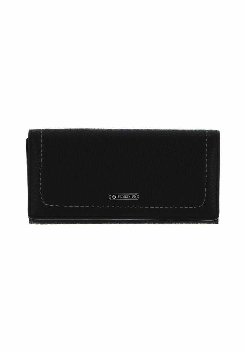 Portefeuille en cuir noir à finition texturée, coutures contrastantes et plaque logo. Forme rectangulaire avec rabat à fermeture.