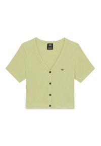 Kortärmad, v-ringad cardigan i ljust grön ribbad tyg med svarta knappar och en liten logotyp-patch på vänster sida.