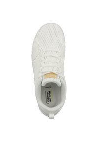 White lightweight sneaker with mesh upper, round toe, lace-up design, and brand logo on tongue. Features textured accents and cushioned sole.
