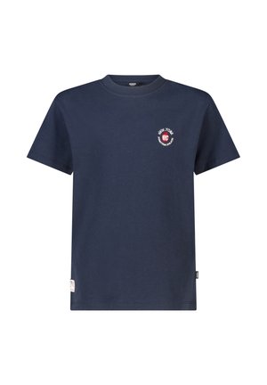 Marineblauw T-shirt met korte mouwen en ronde hals, met een klein rond New York NYC-logo op de linkerborst en een label aan de onderzoom.