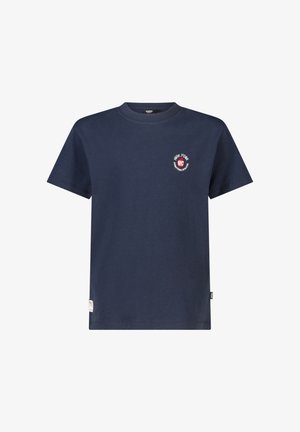 Marineblauw T-shirt met korte mouwen en ronde hals, met een klein rond New York NYC-logo op de linkerborst en een label aan de onderzoom.