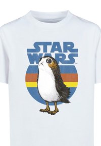 Biely tričko s grafickým znázornením vtáka porga s veľkými očami, umiestnené na farebnom kruhovom pozadí a textom "STAR WARS".
