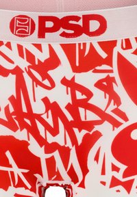 Men's boxer briefs featuring a red graffiti pattern on a white fabric. Elastic waistband with the "PSD" logo in red. Cutout detail at the front.