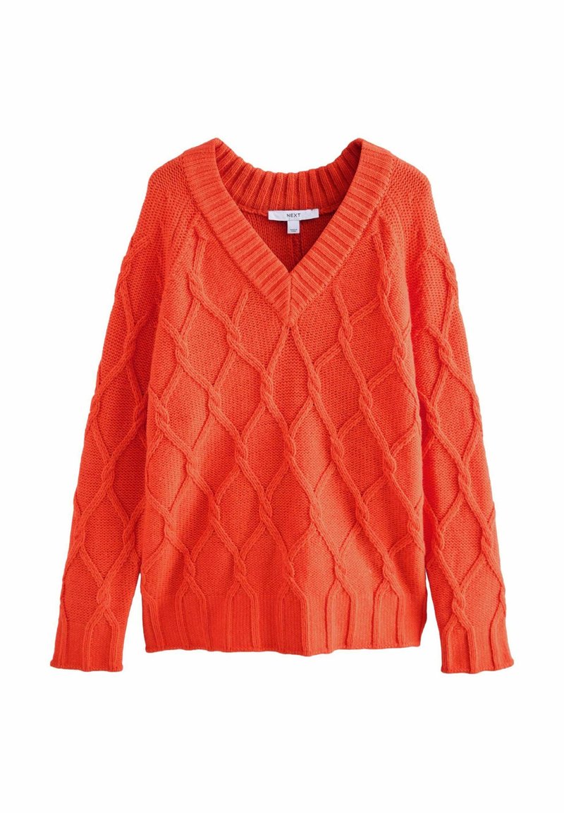 Orange gestrickter Pullover mit V-Ausschnitt, ausgestattet mit einem Rautenmuster aus Zopfmuster und gerippten Bündchen sowie Saum. Strukturierter, locker sitzender Schnitt.