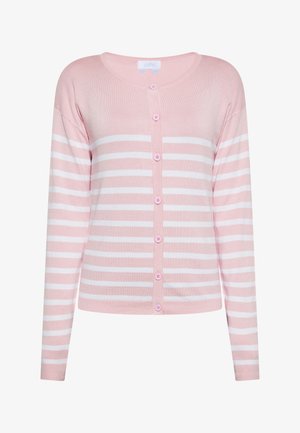 Lichtroze en wit horizontaal gestreepte cardigan met knopen, lange mouwen en een ronde hals.