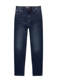 Jeans in denim blu scuro con vestibilità dritta, cinque tasche, chiusura con bottone e cuciture arancioni a contrasto lungo le cuciture.