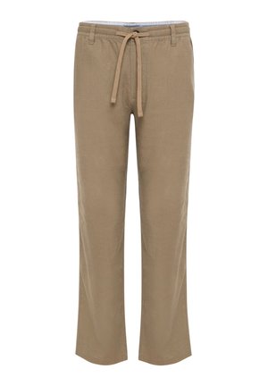 Pantalon beige décontracté avec taille élastique et cordon de serrage, coupe droite et poches sur les coutures latérales.