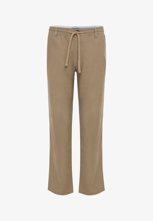 Pantalon beige décontracté avec taille élastique et cordon de serrage, coupe droite et poches sur les coutures latérales.