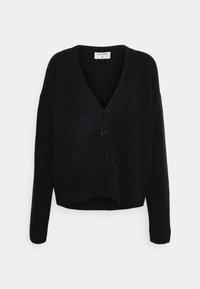 Czarny dziany kardigan z dekoltem w serek i opuszczonymi ramionami, zapinany na sześć guzików z przodu, z krótkim krawędziem. Miękka faktura.