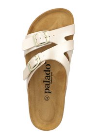 Sandal in pelle bianca con due fasce regolabili, fibbie metalliche dorate e una soletta imbottita marrone. Logo del marchio stampato sulla soletta.