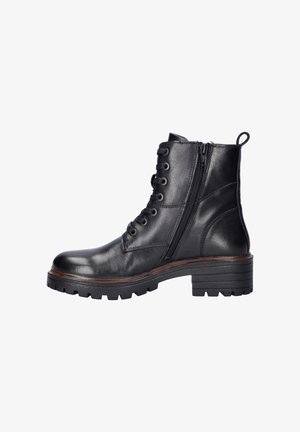 Bottes chelsea en cuir noir avec un bout arrondi, un laçage à l'avant, une fermeture éclair latérale, et une semelle épaisse texturée avec un accent en bois.