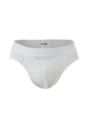 Białe męskie slipy wykonane z miękkiego materiału, z elastycznym pasem wytłoczonym logo oraz konturowanym krojem dla wsparcia.