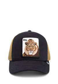 Casquette noire avec un dos en mesh, ornée d'un patch brodé de lion. Le patch inclut le mot "roi" et met en valeur des traits faciaux détaillés.