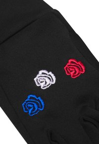 Svarta handskar med tre broderade rosor i blått, vitt och rött. Materialet verkar ha en texturerad yta och en kroppsnära design.