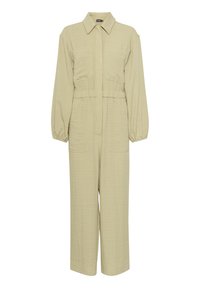 Lys grøn jumpsuit lavet af tekstureret stof, med krave, lange ærmer, talje med snøring og to forlommer.