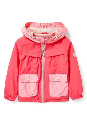Korte koraalroze hoodie voor kinderen met een rits aan de voorkant, twee lichtroze klepzakken, elastische boorden en een mesh voering in de capuchon.