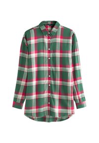 Chemise en flanelle verte et rouge à carreaux, dotée d'une patte de boutonnage sur le devant, de manches longues et d'un ourlet incurvé.