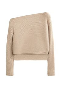 Beige, bordás kötésű pulóver, melynek off-the-shoulder kialakítása, hosszú ujja és rövidített hossza van, hajtott szegéllyel.