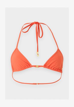 Oranž kolmnurkse bikiinitopiga, õhukeste reguleeritavate kaela- ja seljarihmadega, kuldsete kinnitusklambritega ning väikese kuldse logoga külgpaneelil.