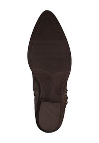 Suela de zapato marrón con punta afilada, material plástico, textura antideslizante y detalle de costura. Talla marcada como 37 en la parte inferior.