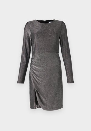 Sjajna tamnosiva haljina dugih rukava s okruglim izrezom, naborima sa strane i prorezom na rubu za prilagođenu siluetu.