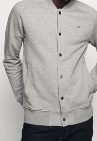 Gray sweatshirt with a round collar, front buttons, and two side pockets. It features ribbed cuffs and a small logo on the chest.