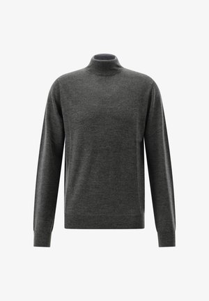 Dunkelgrauer langärmeliger Rollkragenpullover mit einer weichen, glatten Textur und gerippten Bündchen auf weißem Hintergrund.