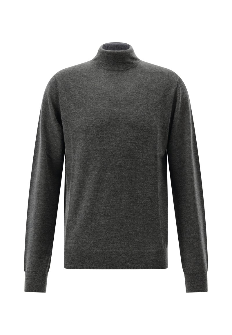 Dunkelgrauer langärmeliger Rollkragenpullover mit einer weichen, glatten Textur und gerippten Bündchen auf weißem Hintergrund.
