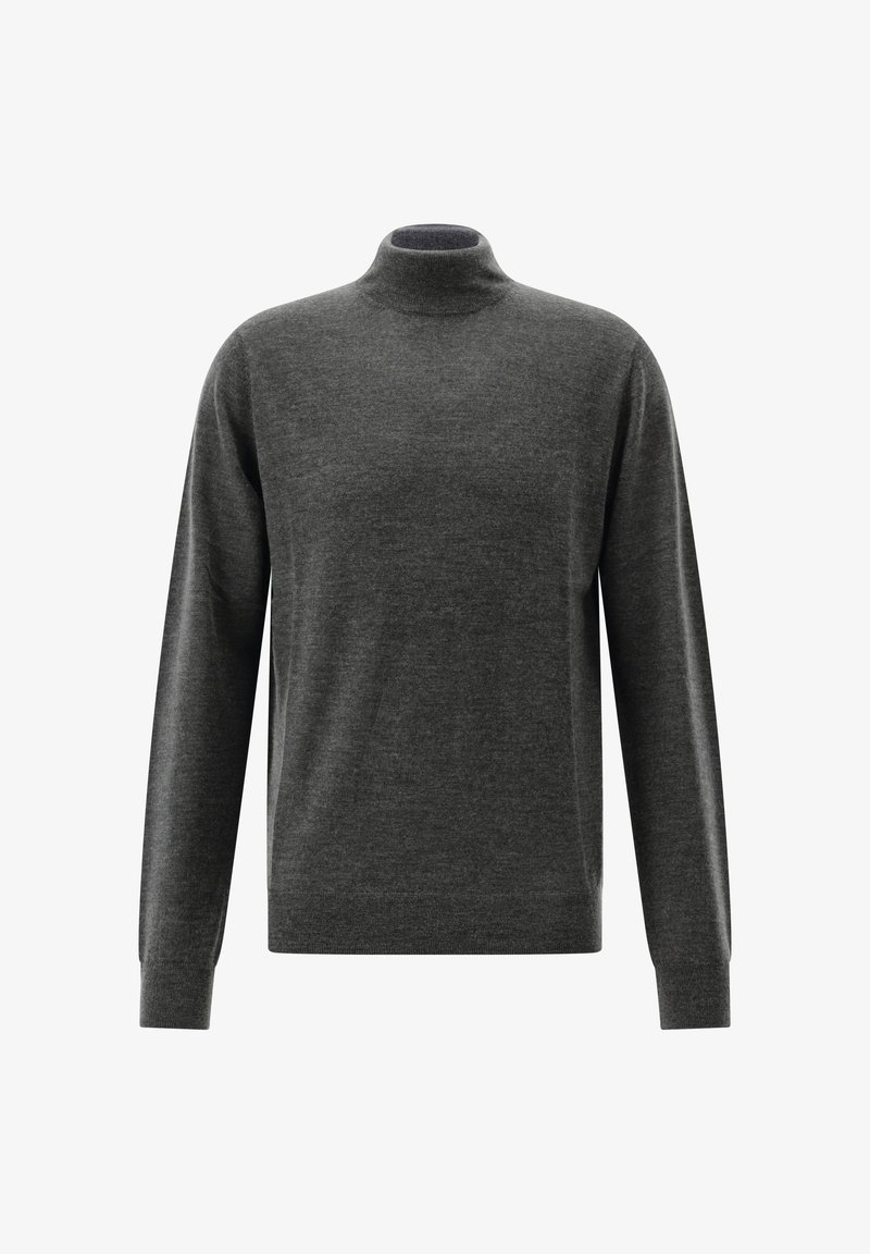 Dunkelgrauer langärmeliger Rollkragenpullover mit einer weichen, glatten Textur und gerippten Bündchen auf weißem Hintergrund.