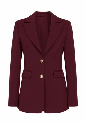 Blazer bordeaux con vestibilità sartoriale, rever affilati e due tasche frontali. Presenta tre bottoni dorati sul davanti per la chiusura.