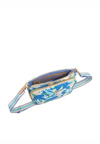 Blumenmuster Gürteltasche aus Stoff, mit zwei Reißverschlussfächern, in Blau und Cremefarben, und einem gestreiften verstellbaren Tragegurt.