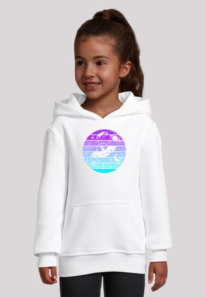 White hoodie with a front pocket and a spacious hood. The center features a circular graphic with purple and blue striped pattern.