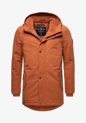 Oranžs izolēts džemperis ar mākslīgās kažokādas oderi kapuci, ar rāvējslēdzēja kabatām, priekšējo pogu aizdari un ribinātām aprocēm. Augsta apkakles konstrukcija.