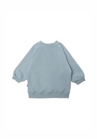 Hellblaues Sweatshirt mit Raglanärmel, gerippten Bündchen und Saum. Weicher, strukturierten Stoff, mit einem Etikett auf der unteren linken Seite.