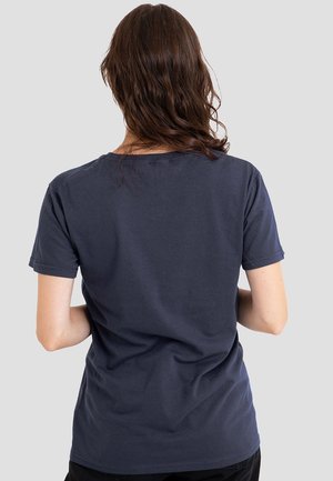 Navy blue cotton t-shirt with short sleeves, crew neckline, and a simple design. Flexible fabric with a soft texture.
