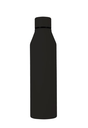 Bouteille d’eau réutilisable noire mate avec bouchon arrondi et corps lisse, légèrement fuselé, sur fond blanc.