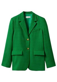 Blazer verde con texture, colletto a revers, due tasche frontali e due bottoni dorati. Design slim fit e colore vivace.