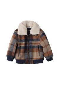 Jacket w kratkę podszewkową z polaru w kolorze brązowym, beżowym i granatowym. Posiada kołnierz z sherpy, kieszenie na zamek oraz ściśnięte mankiety i dół.