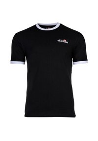 Black short-sleeve t-shirt with white ribbed collar and sleeve edges. Features an embroidered logo on the chest. Cotton material.
