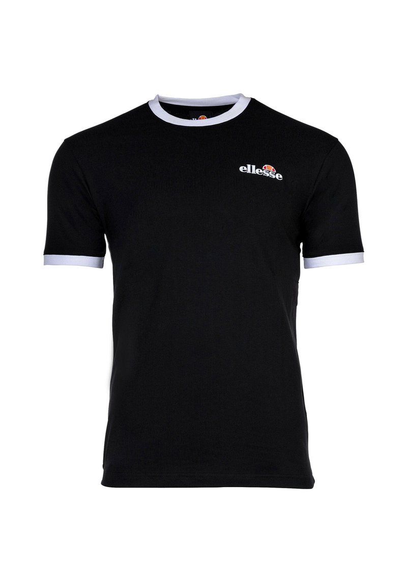 Black short-sleeve t-shirt with white ribbed collar and sleeve edges. Features an embroidered logo on the chest. Cotton material.