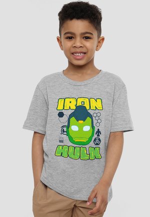Gray short-sleeve t-shirt featuring a large, colorful graphic of a green Iron Man helmet and the text "IRON HULK" in bold, yellow letters.