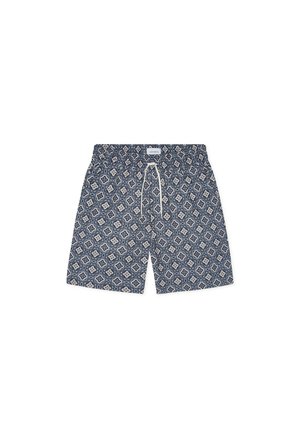 Κοντά μαγιό σε ναυτικό μπλε με ανοιχτόχρωμο γεωμετρικό ανθικό σχέδιο. Μέση με κορδόνι και απαλό ύφασμα με άνετη εφαρμογή. Μήκος έως τη μέση του μηρού.