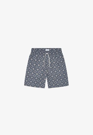 Pantaloncini da bagno corti in blu navy con un motivo floreale geometrico chiaro. Vita con coulisse e tessuto morbido con vestibilità rilassata. Lunghezza fino a metà coscia.