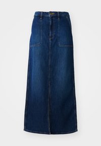 Denim skirt in dark blue, featuring a high waist, two front pockets, and a straight, ankle-length silhouette with a center seam detail.