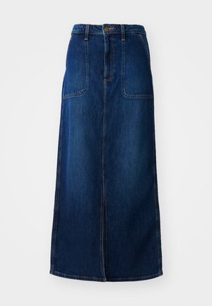 Denimsrør i mørkeblå, med høy liv og to frontlommer, samt en rett, ankel-lengde silhuett med en midt søm detalj.